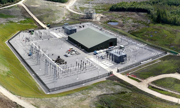 An aerial view of a substation.
