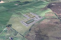 An aerial view of a visualisation of a complex of buildings in a rural area.
