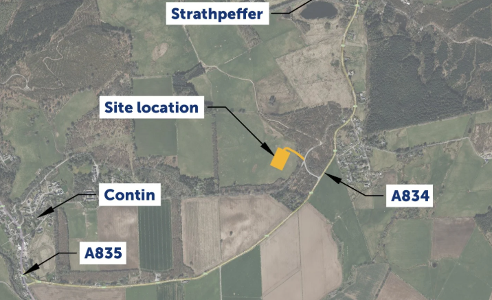 Map highlighting the Kinellan compound location, off the A834 between Strathpeffer and Contin