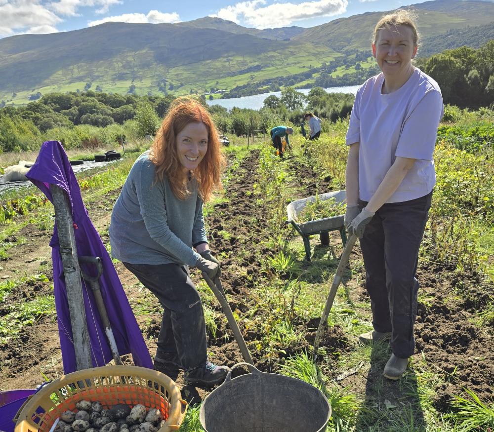 Two SSEN Transmission volunteers harvest potatoes at Tombreck Farm, in rural Scottish countryside overlooking a loch and mountains