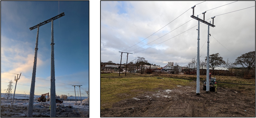 132kV Steel Trident Poles A split image showing two views of Steel Trident Poles.