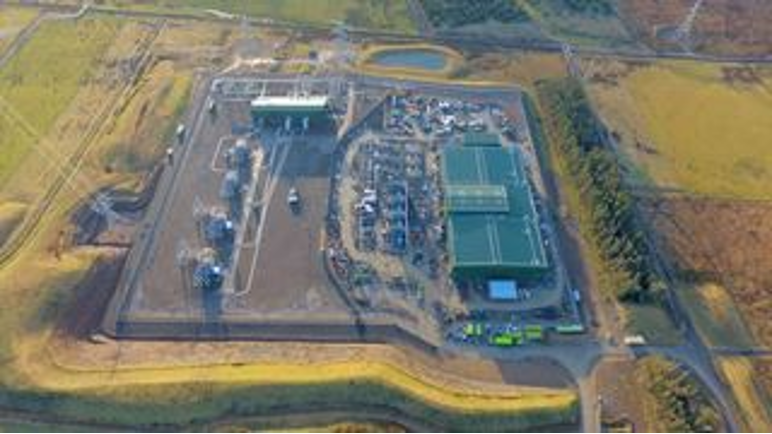 An aerial view of a substation.