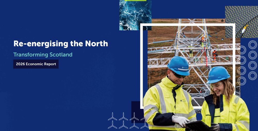 Two SSEN Transmission team members in PPE, text reads "Re-energising the North", "Transforming Scotland", "2026 Economic Report".