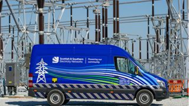 An SSEN Transmission vehicle surrounded by substation infrastructure.