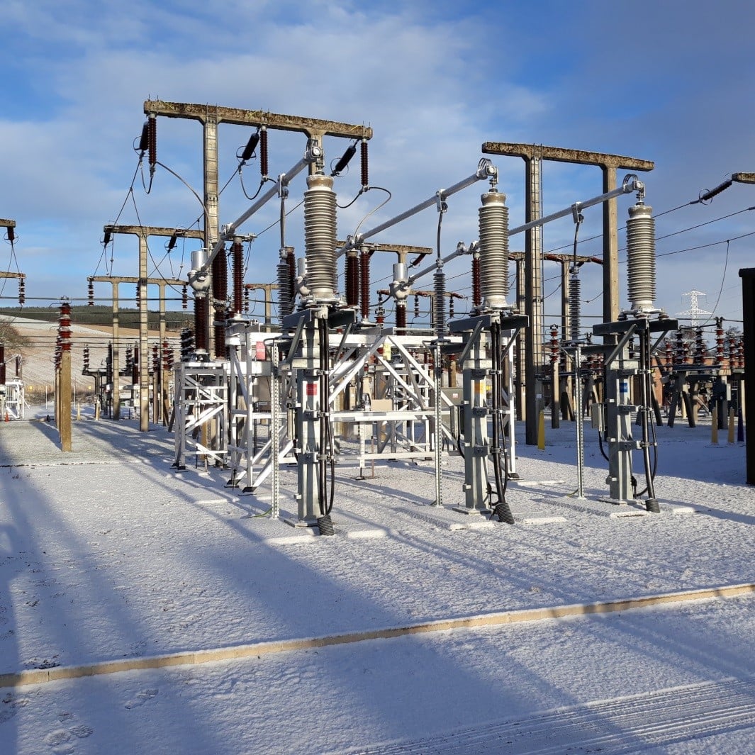 Beauly 132 Substation infrastructure on snowy ground.