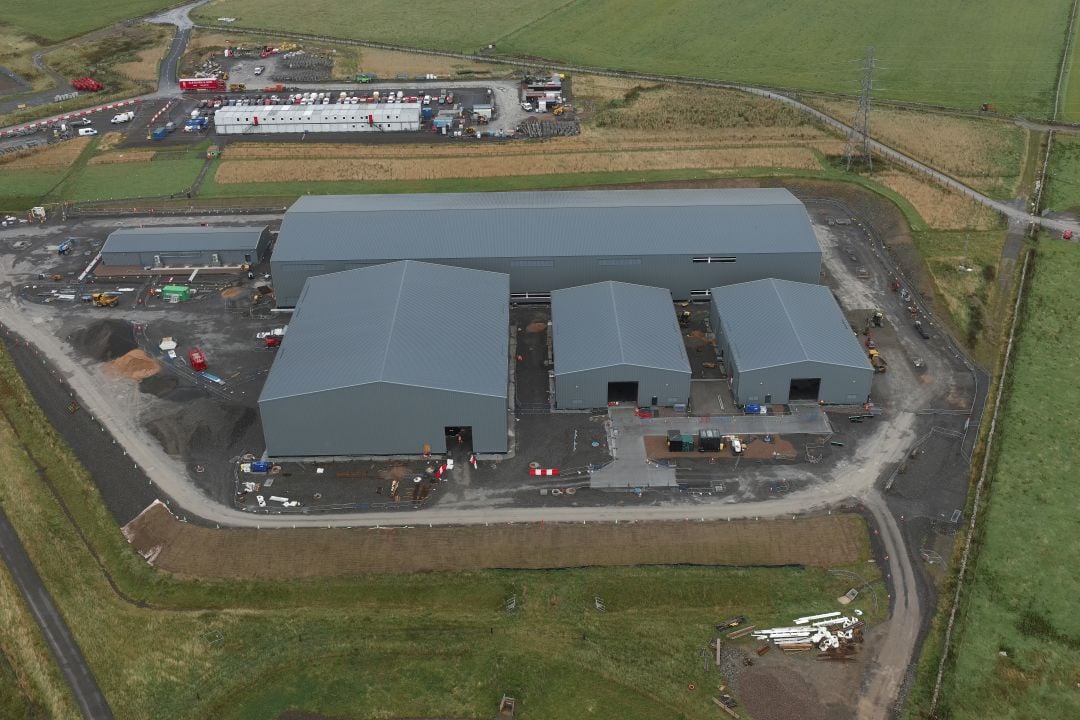 Aerial view of Dounreay West substation following sucessfull installation of all roof and wall cladding.