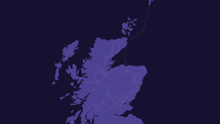 Animated map showing the overhead line connection between Spittal, Loch Buidhe and Beauly. The connection is shown through connecting blue lines and icons with thunderbolts, placed against a purple map of Scotland and a dark purple background.