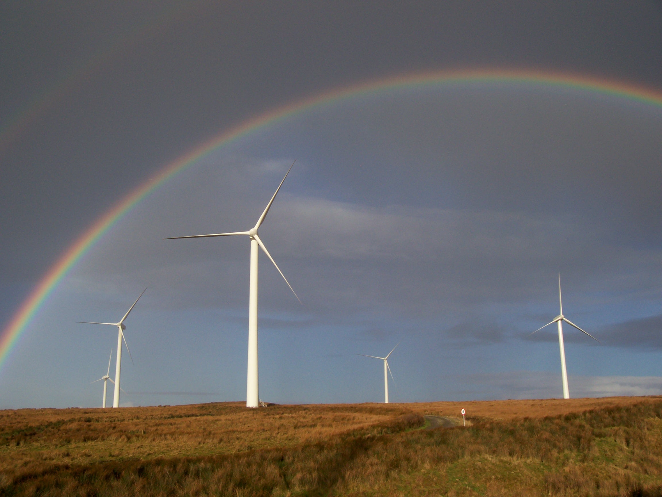 Rainbow at Tangy A rainbow over wind turbines.