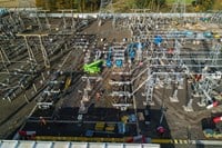 An overhead view of a substation under construction.