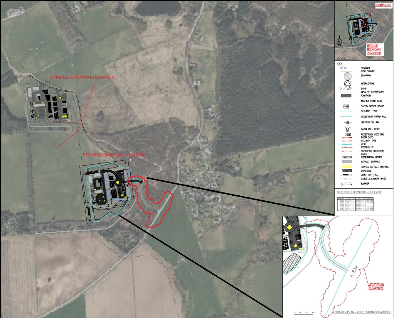 A diagram showing the new and old Kinellan compound locations, and tree clearance areas.