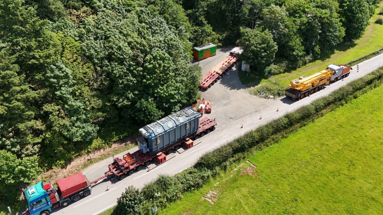 Aerial photo of supergrid transformer delivery via road