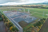 An aerial view of a substation under construction.