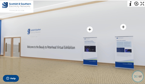 A virtual hall with virtual posters. A title on a wall reads "Welcome to the Beauly to Peterhead Virtual Exhibition".
