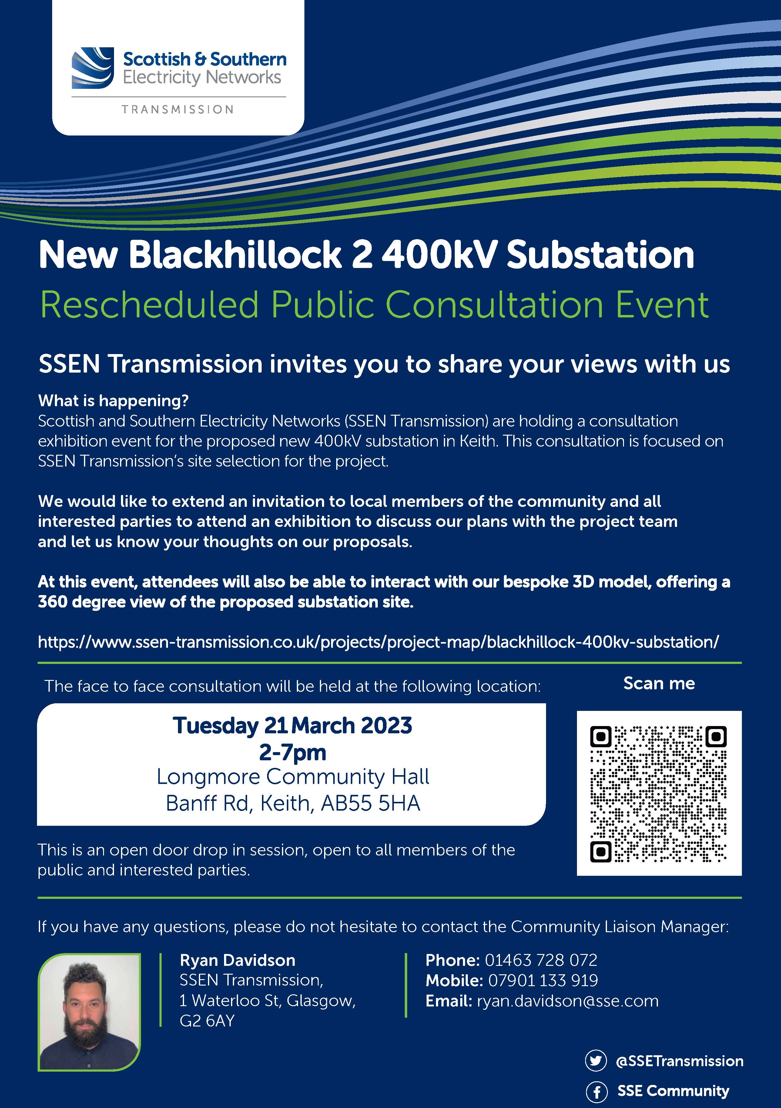 A postcard titled "New Blackhillock 2 400kV Substatino Rescheduled Public Consultation Event". Referring to a date of "Tuesday 21 March 2023".