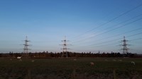 A series of metal transmission towers forming an overhead line.