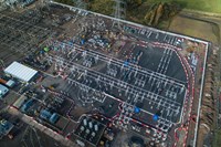 An aerial view of a substation under construction.