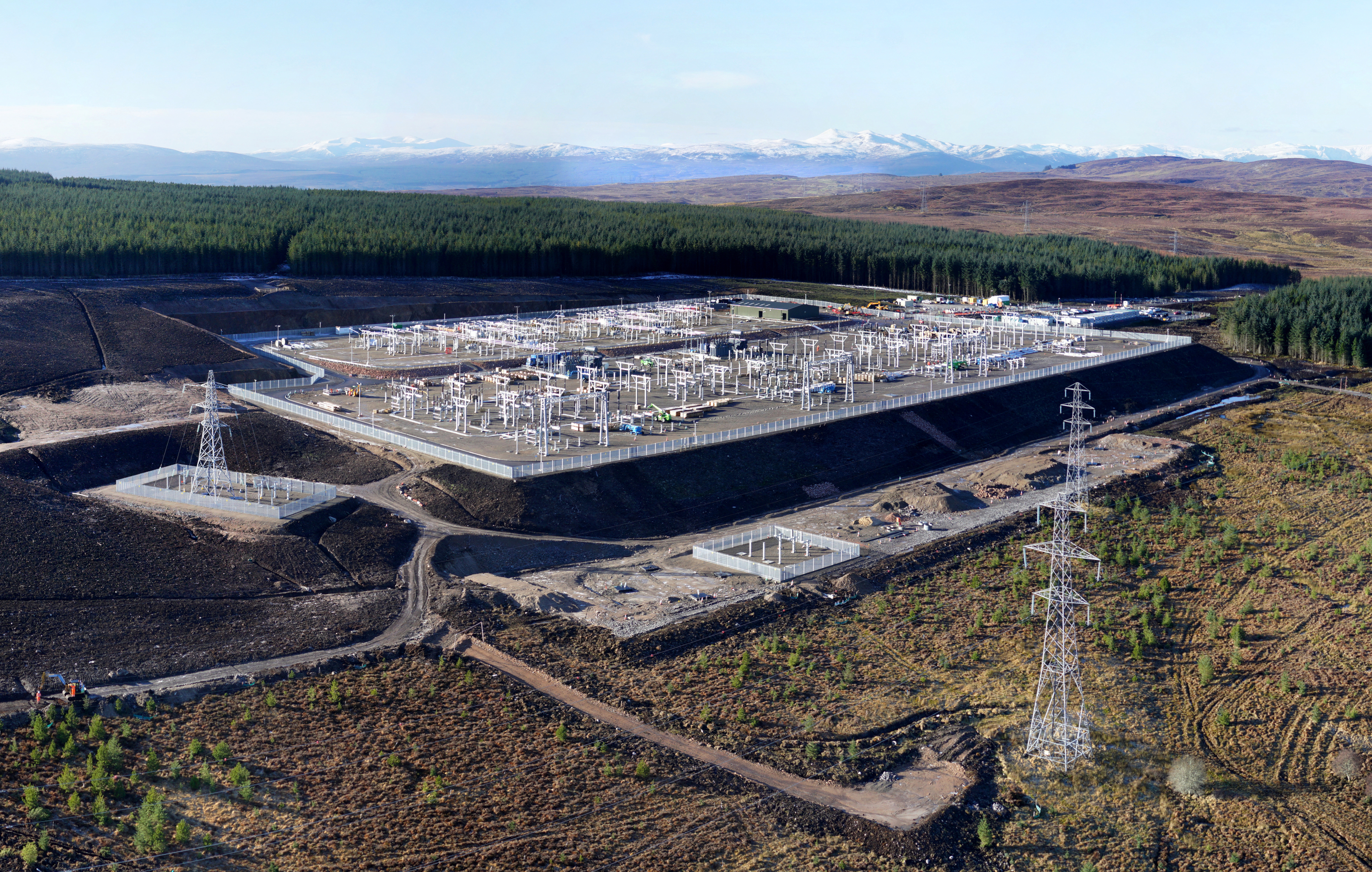 An aerial view of a substation under construction.