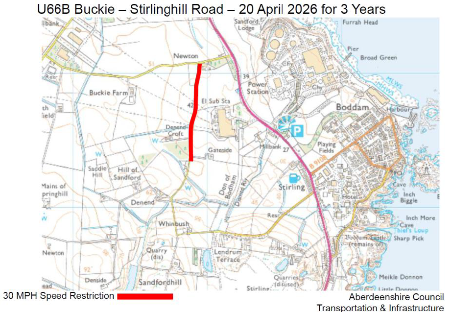 Speed Restriction Map - Unamed road south of U66. A map showing a 30 MPH Speed Restriction on U66B Buckie-Stirlinghill Road - 20 April 2026 for 3 Years.