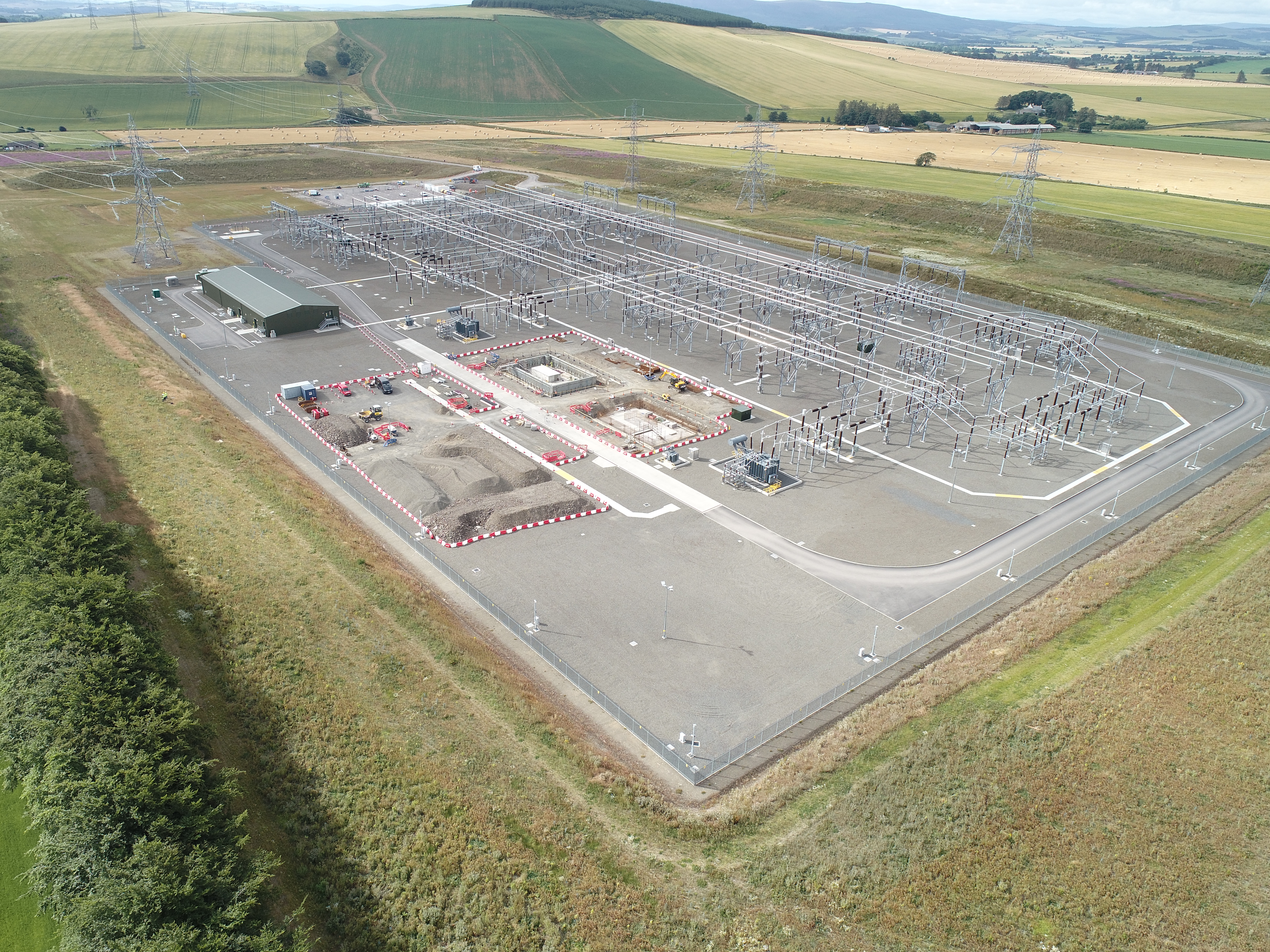 An aerial view of a substation under construction.