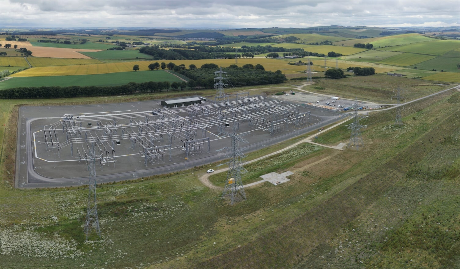 An aerial view of a substation.