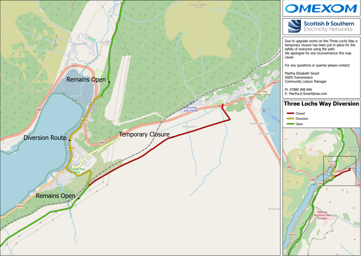 A map showing a temporary closure and diversion at Three Lochs Way.