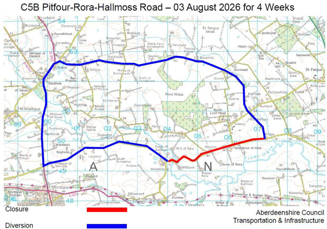Rora C5B Road Closure - Diversion A map showing the road closure and diversion on the C5B near Rora, annotation states "C5B Pitfour-Rora-Hallmoss Road - 03 August 2026 for 4 weeks".