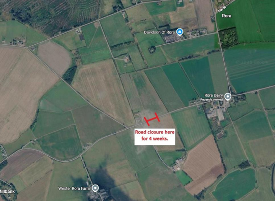A map showing the road closure on the C5B near Rora, annotation states "Road closure here for 4 weeks".