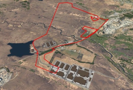 An indicative image of the proposed Stornoway GSP, located within the red line boundary with the proposed new infrastructure located between the existing GSP (on right, off A859) and Lochside Arena (on left). An indicative image of the Lewis Hub is featured in the foreground. 