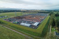 An aerial view of a substation under construction.