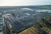 Aerial view of a substation partially under construction.