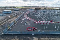 An elevated view of a substation under construction.