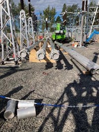 Tubular sections of substation infrastructure.