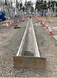 A concrete lined trench in a substation under construction.