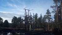 Contractors in PPE below a trident woodpole transmission tower.