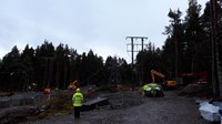 Contractors in PPE below trident woodpole transmission towers.