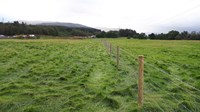 A wood and wire fence in a field.