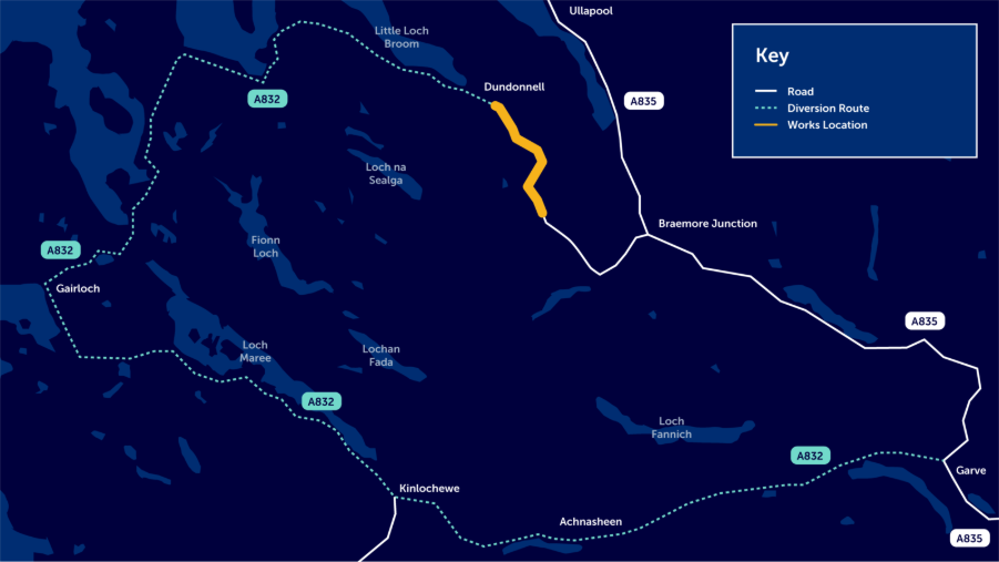 The affected areas of the A832 temporary closure.