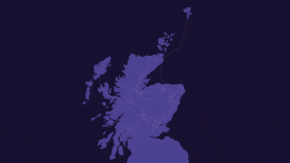 Animated map showing the overhead line connection between Kintore and Fiddes, Fiddes and Tealing, and Tealing connecting to Alyth and Westfield. The connection is shown through connecting blue lines and icons with thunderbolts, placed against a purple map of Scotland and a dark purple background.
