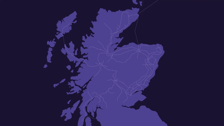 Animated map showing the overhead line connection between Kintore and Fiddes, Fiddes and Tealing, and Tealing connecting to Alyth and Westfield. The connection is shown through connecting blue lines and icons with thunderbolts, placed against a purple map of Scotland and a dark purple background.