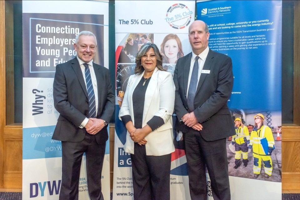 SSEN Transmission's Director of Operations Dave McKay, Kaukab Stewart MSP and Mark Cameron OBE Chief Executive of The 5% Club at the 10th anniversary event at Holyrood.jpg