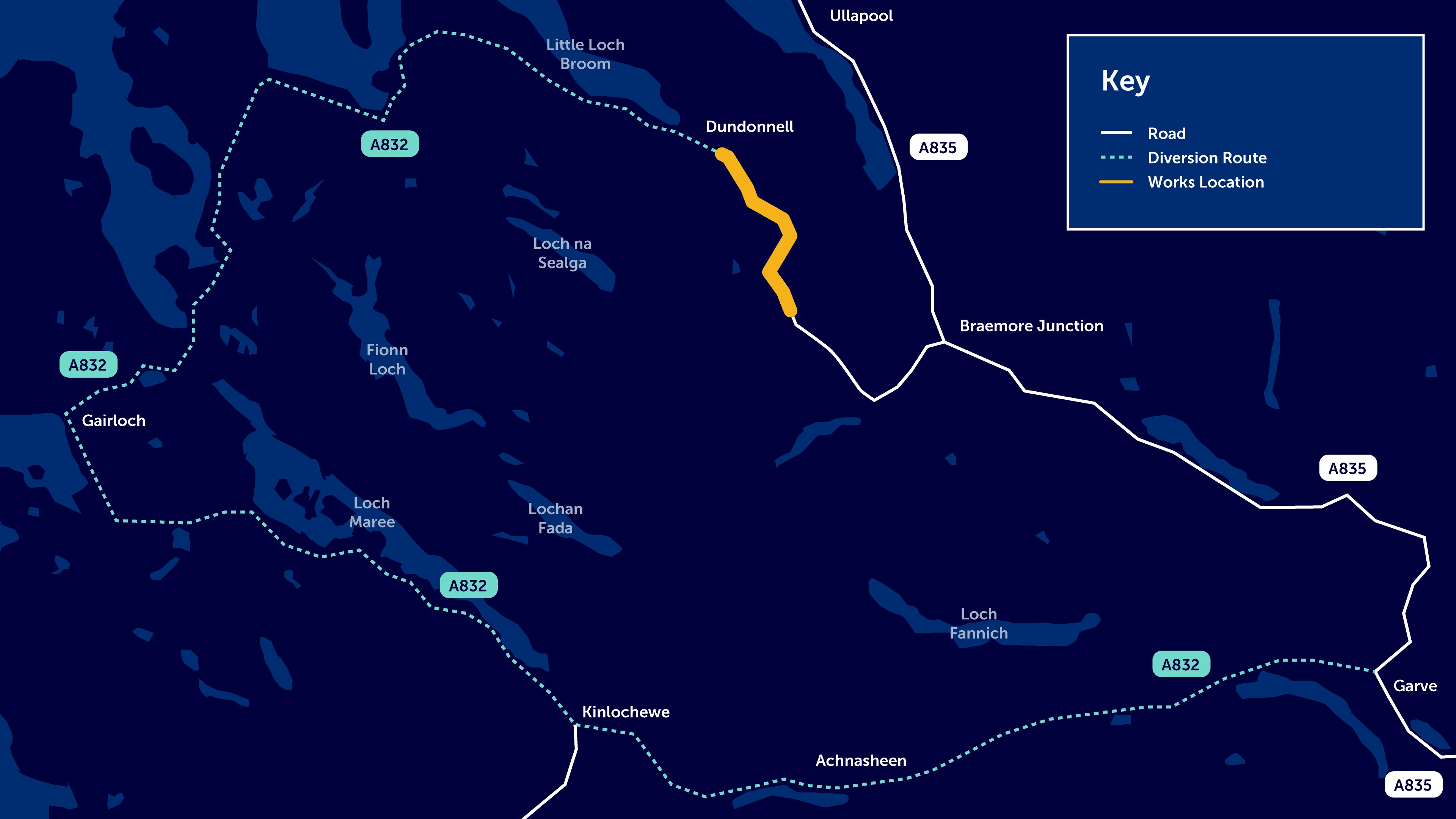 Image shows a map of the co-ordinated road closures A832 temporary closure - works location and diversion map